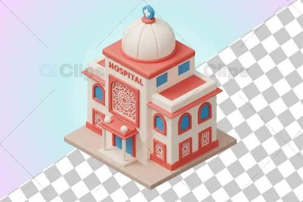 Isometric Hospital Building with Ornate Facade and Domed Roof