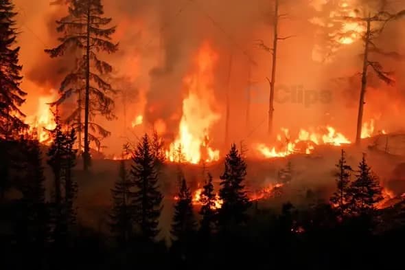 Raging Forest Fire Consuming Pine Forest at Night