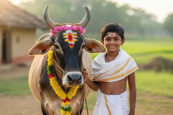 Traditional Indian Festival Boy and Sacred Cow