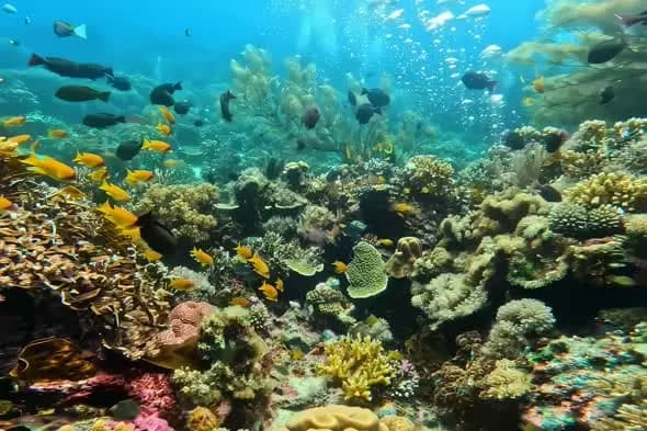 Vibrant Coral Reef Ecosystem with Yellow Tropical Fish School