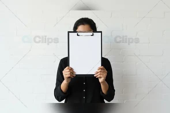 Woman Hiding Face with Blank Clipboard Mockup