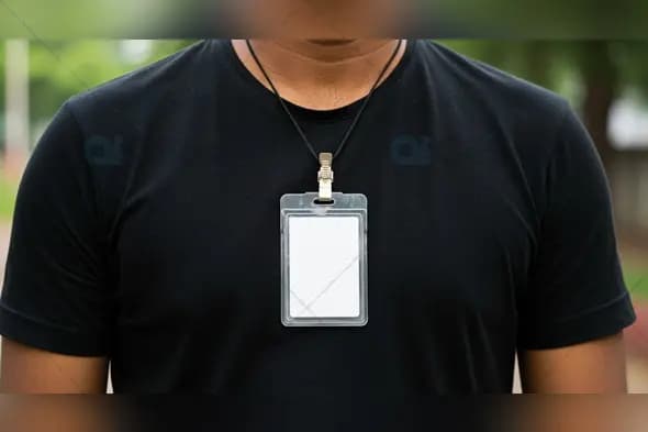 Blank ID Badge on Black T-Shirt Close-Up