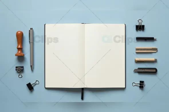 Open Notebook with Office Supplies on Blue Background