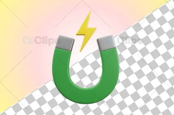 Green Magnet with Yellow Lightning Bolt 3D Illustration