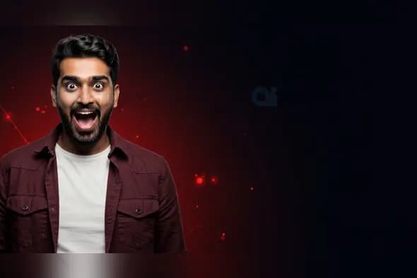 Excited Man on Red and Black Abstract Background