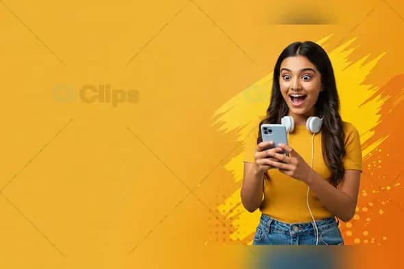 Excited Woman with Smartphone and Headphones Background