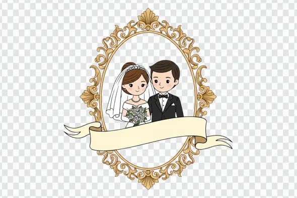 Cute Wedding Couple in Ornate Frame Banner Clipart