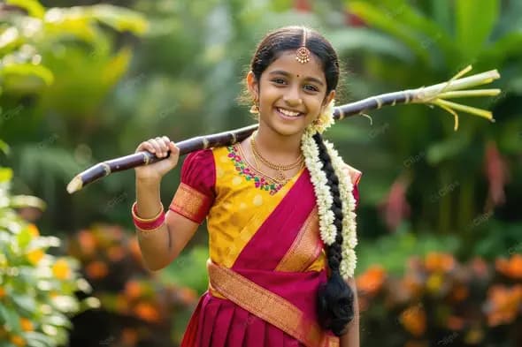 Smiling Indian Girl with Sugarcane