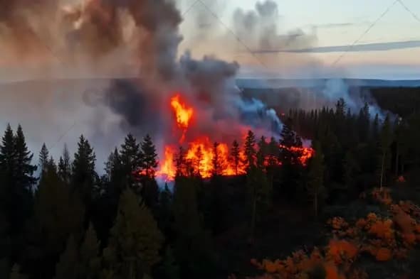 Intense Forest Fire Raging Through Mountain Pine Forest at Dusk