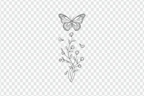 Elegant Butterfly with Flower Stem Line Art PNG