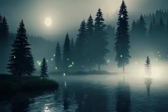 Mystical Forest Lake with Fireflies Under Full Moon