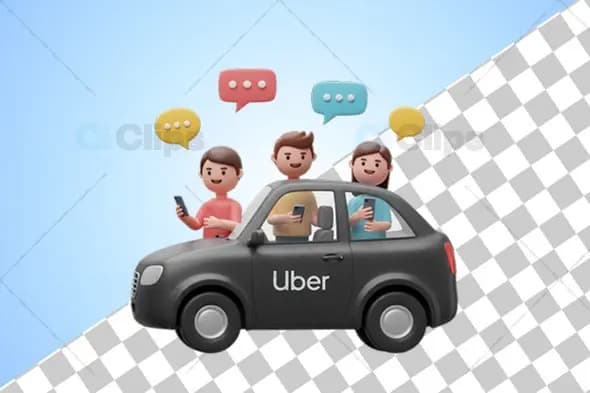 3D Uber Carpool Illustration with Engaged Passengers