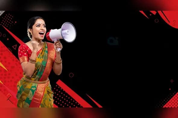 Indian Woman in Traditional Saree Shouting Through Megaphone on Red and Black Background