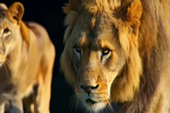 Majestic Lion Close-up with Intense Golden Hour Lighting