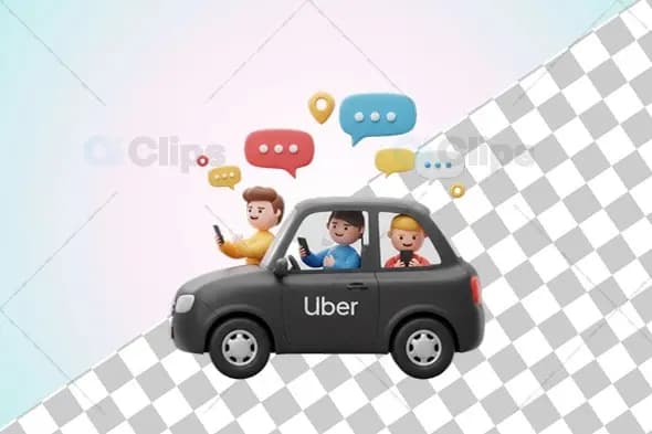3D Uber Carpool Illustration with Chat Bubbles and GPS Icon