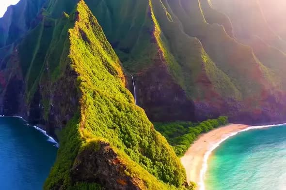 Majestic Na Pali Coast Aerial View with Hidden Waterfall