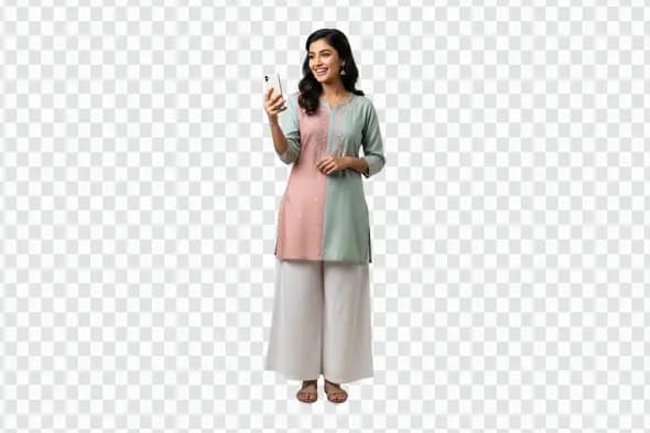 Cheerful Indian Woman on Smartphone Video Call PNG