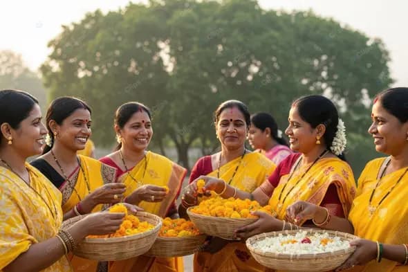 Indian Women with Festive Marigold Baskets
