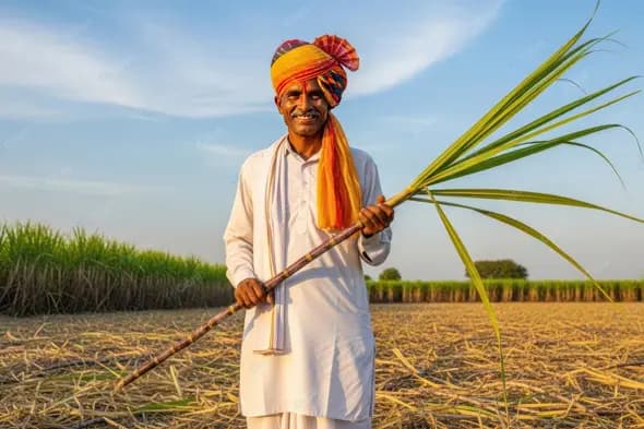 Rural Indian Farmer with Sugarcane Harvest