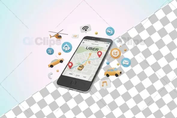 3D Uber App Interface with Map, Vehicles, and Feature Icons