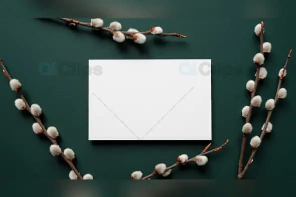 Blank Card Mockup with Floral Branches on Dark Green
