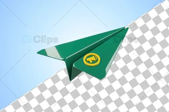 3D Green Paper Plane with Yellow Megaphone Icon