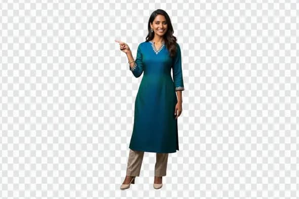 Elegant Indian Woman in Blue Kurta Pointing Left PNG