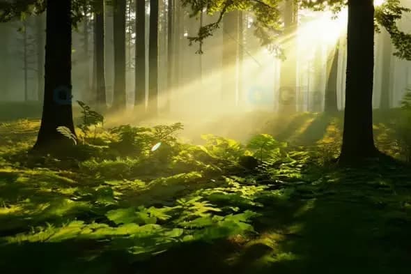 Ethereal Sunbeams Through Misty Forest with Glowing Ferns