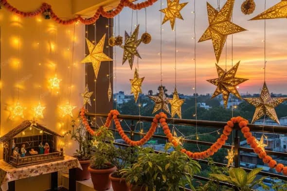 Festive Urban Balcony Illuminated for Christmas