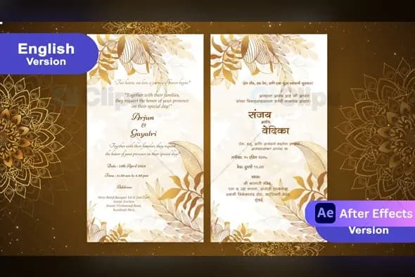 Elegant Golden Floral Wedding Invitation Marathi & English Template