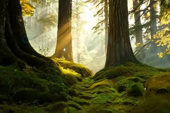 Sunlit Mossy Forest Path Through Ancient Redwoods