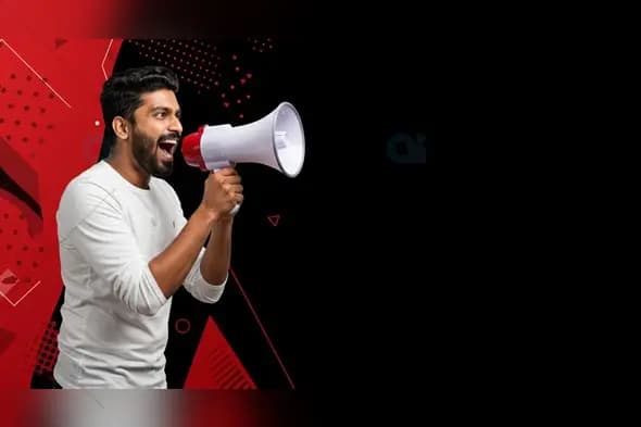 Indian Man Shouting Through Megaphone on Bold Red and Black Background
