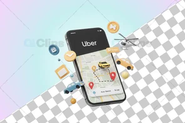 3D Uber App Navigation Illustration with Vehicle and Route Icons