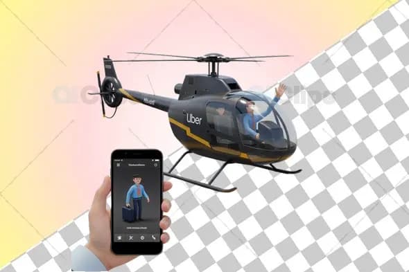 3D Helicopter Ride Booking Illustration with Uber App