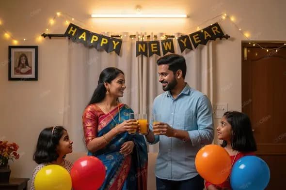 Joyful Indian Family Welcoming New Year