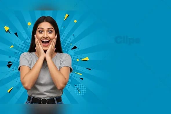 Excited Woman on Blue Burst Background with Geometric Accents