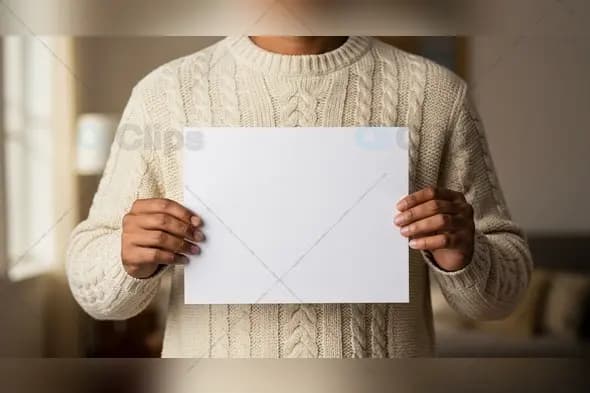 Blank A4 Paper Mockup Held by Man in Cozy Sweater