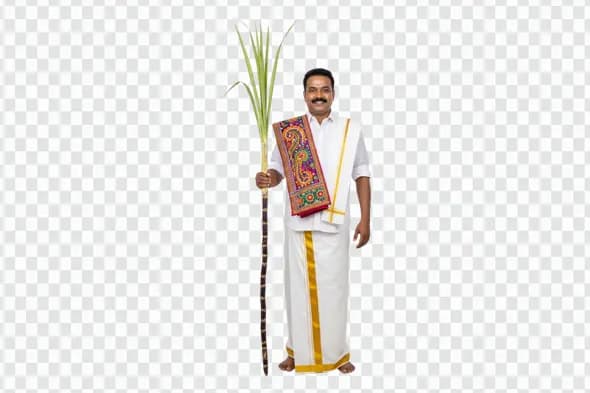 Smiling South Indian Man Holding Sugarcane for Pongal PNG