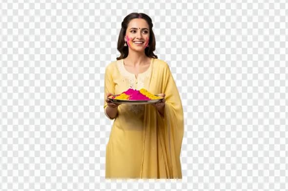 Smiling Indian Woman Holding Holi Colors Plate PNG