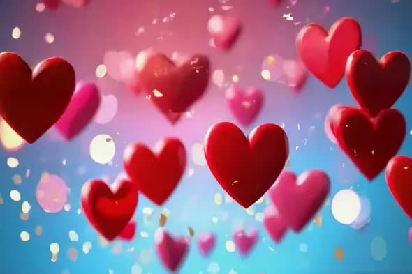 Floating Red Hearts with Bokeh Effect on Blue-Pink Gradient