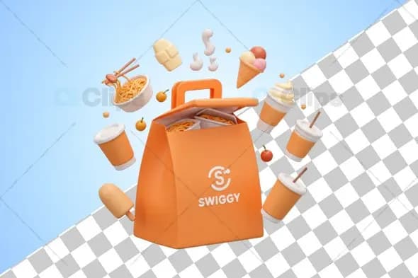 Swiggy Food Bag with Noodles and Desserts - 3D Illustration