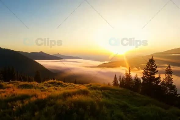 Misty Mountain Sunrise Over Valley with Golden Morning Light