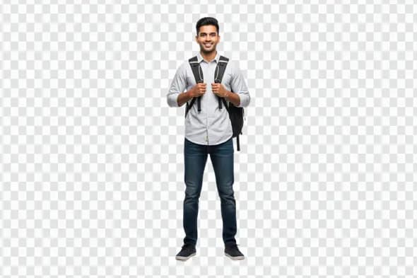 Smiling Indian College Student Standing with Backpack PNG