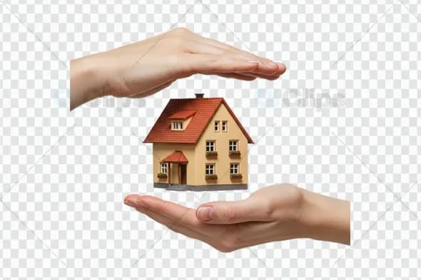 Hands Protecting Classical House Model on Transparent Background