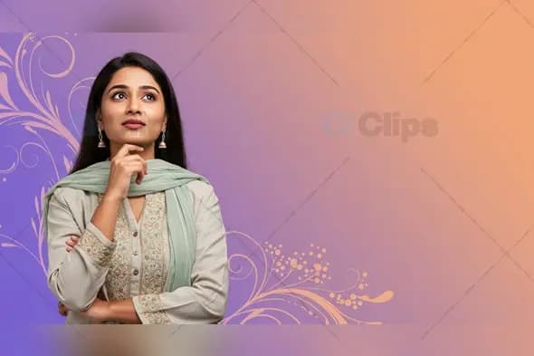 Thoughtful Indian Woman on Elegant Floral Background