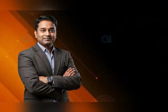 Confident Businessman on Orange and Black Professional Background