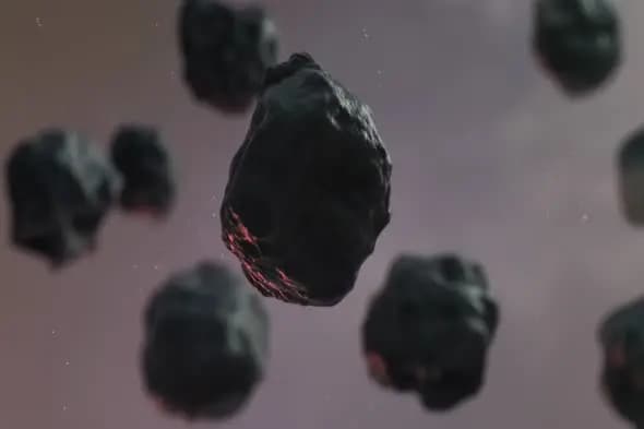 Floating Dark Meteors with Glowing Red Cracks in Space