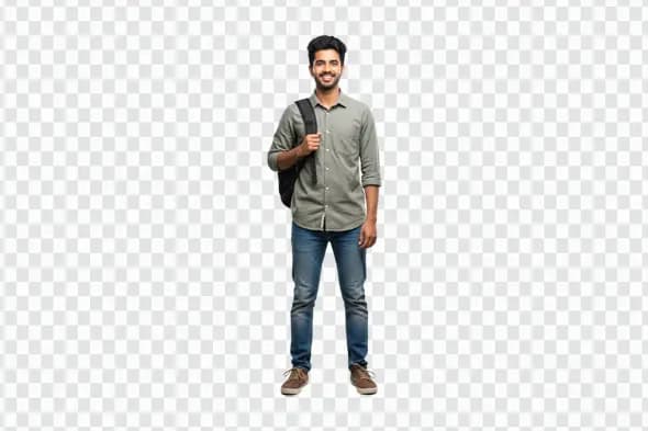 Cheerful Indian University Student with Backpack PNG Image