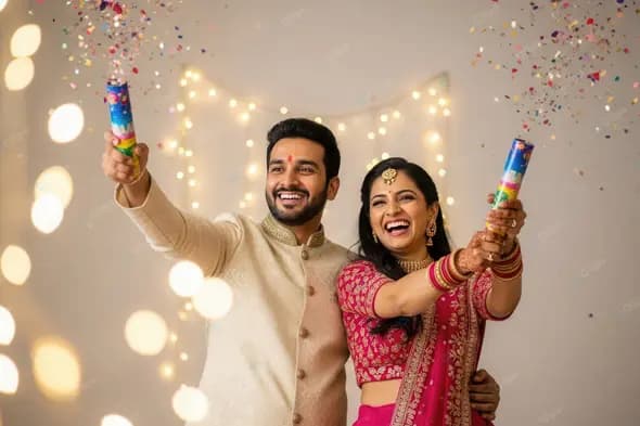 Festive Indian Couple with Party Poppers