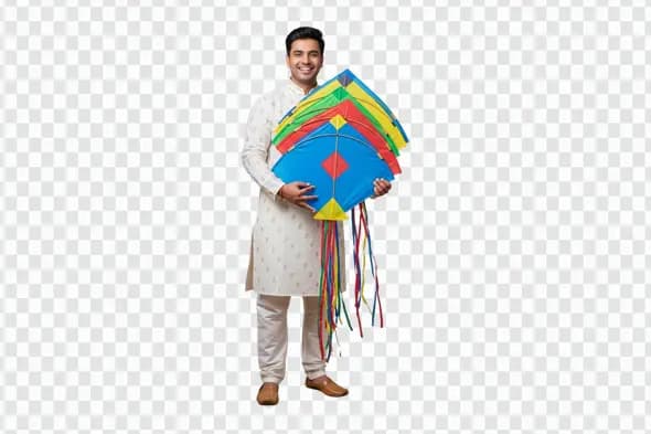 Smiling Man in Kurta Holding Festive Kites PNG